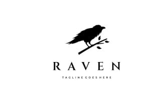 Crow Raven Silhouette Sitting on a Branch Logo Design Vector