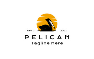 Pelican Bird With Sunset background Logo Design Vector Template