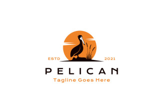 Vintage Pelican Bird With Sunset Background Logo Template