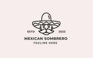 Retro Line Art Mexican Man With Hat Sombrero Logo Design Vector Template