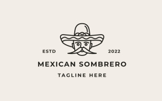Retro Line Art Mexican Man With Hat Sombrero Logo Design