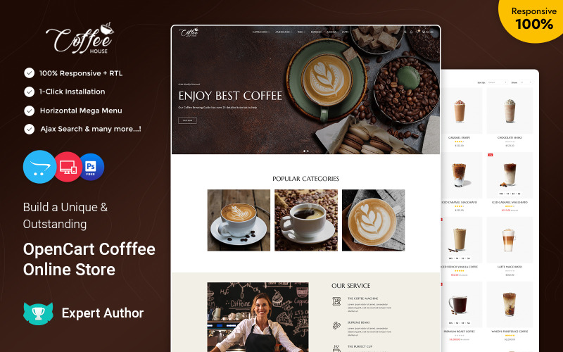 Coffee - Tea, Coffee, Drinks, and Beverages Store OpenCart Theme OpenCart Template