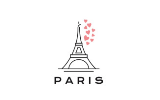 Line Art Eiffel Tower With Hearts Love Logo Design Template