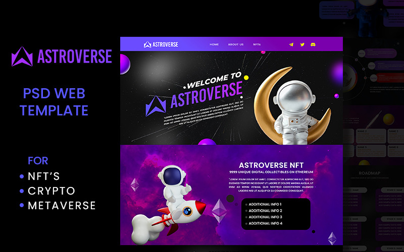 ASTROVERSE – NFT’S/CRYPTO One Page PSD Web Template PSD Template