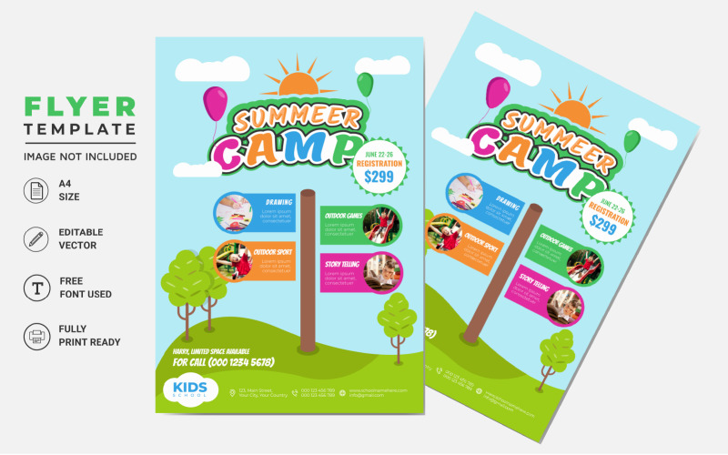 Kids Summer Camping A4 Flyer Template. Kids Tour And Travel Outdoor Camping Poster Corporate Identity