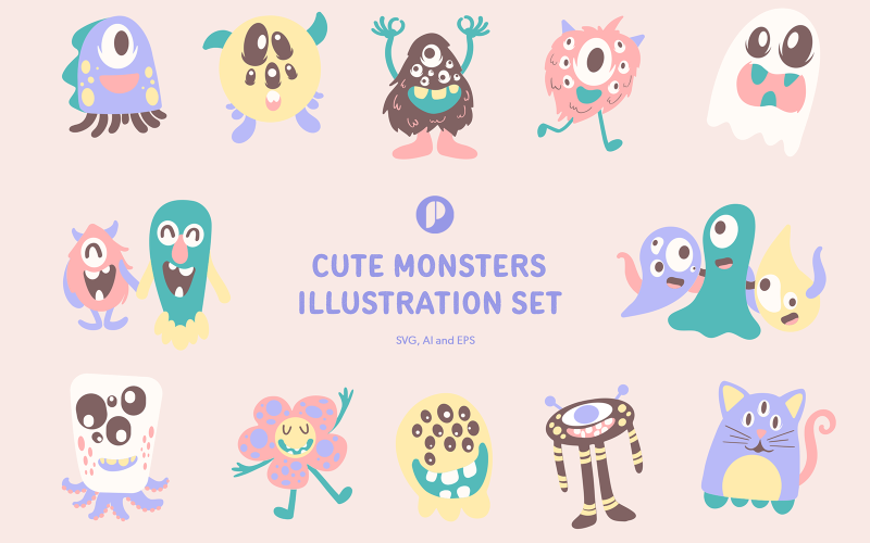 Colorful cute monsters illustration set Illustration