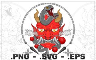 Vector Design Of Traditional Japanese Demon With Snake