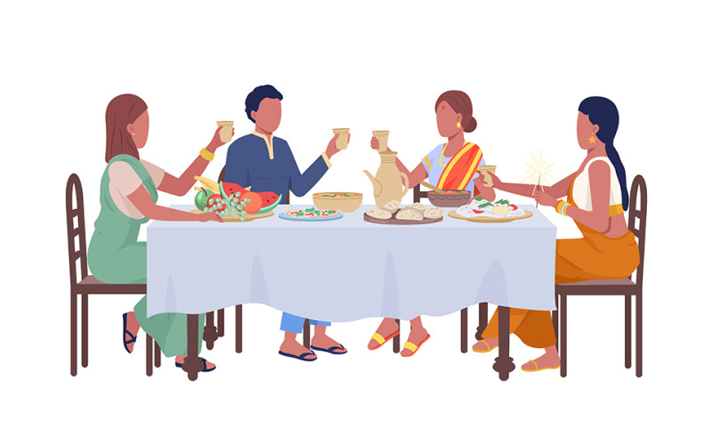Fiends at festive dinner semi flat color vector characters Illustration