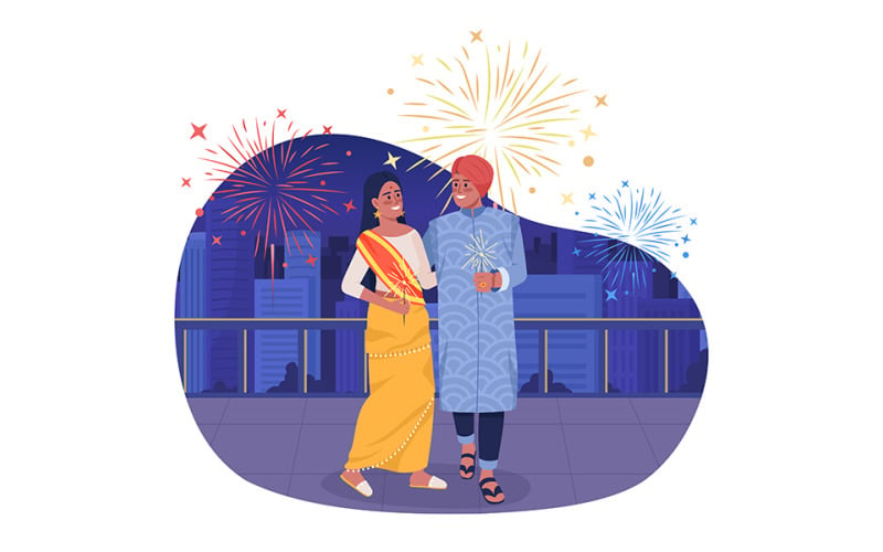 Happy couple with sparkling lights on Diwali 2D vector isolated illustration Illustration