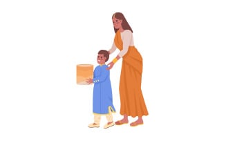 Mother with son launching sky lantern semi flat color vector characters