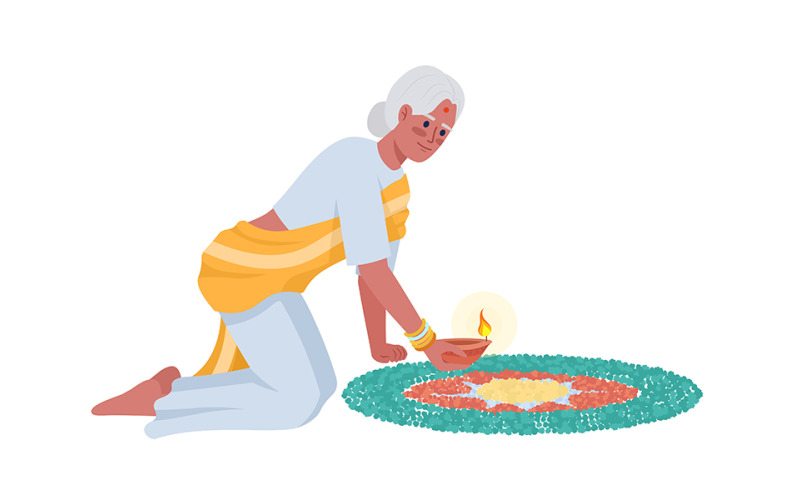Senior woman with mandala and diya semi flat color vector character Illustration