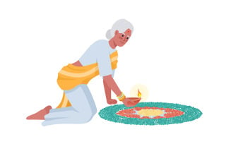 Senior woman with mandala and diya semi flat color vector character