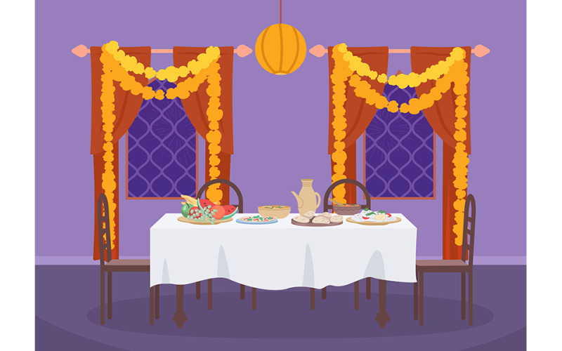 Served table for Diwali dinner flat color vector illustration Illustration