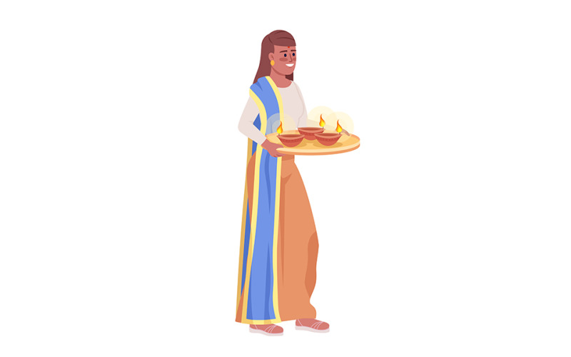 Woman carrying tray with diyas semi flat color vector character Illustration