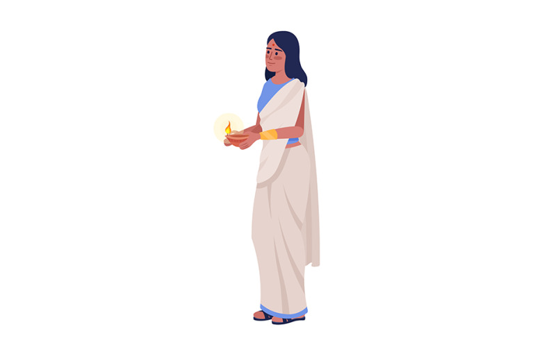 Woman in sari with burning diya semi flat color vector character Illustration