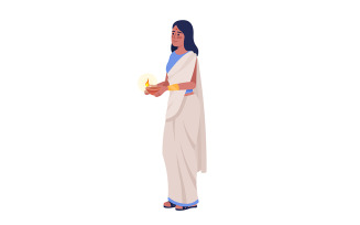 Woman in sari with burning diya semi flat color vector character
