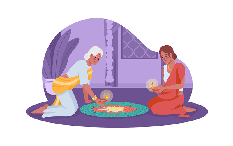Women with oil lamps celebration Diwali 2D vector isolated illustration Illustration
