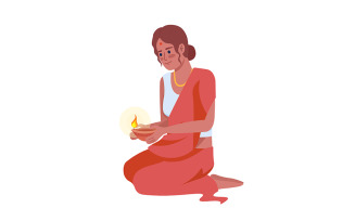 Young woman with oil lamp on Diwali semi flat color vector character