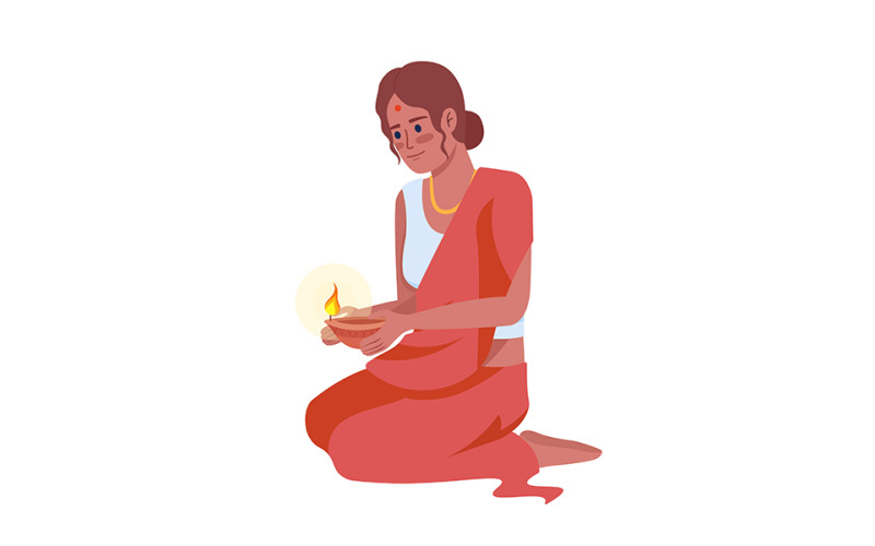 Young woman with oil lamp on Diwali semi flat color vector character Illustration