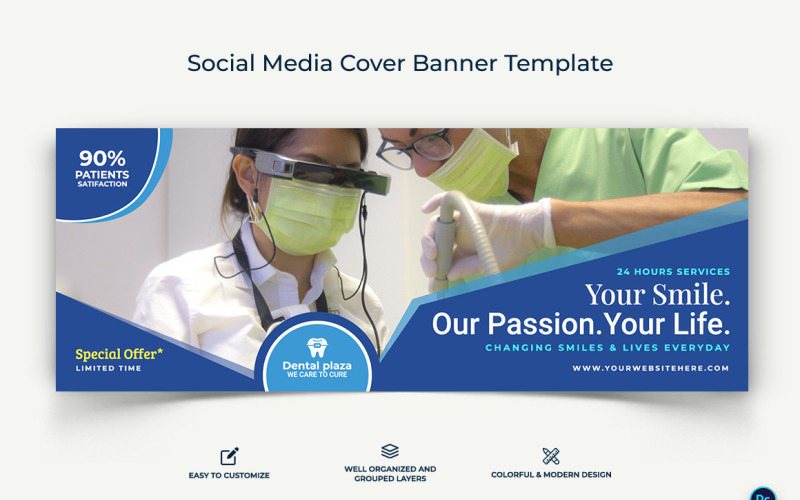 Dental Care Facebook Cover Banner Design Template-07 Social Media