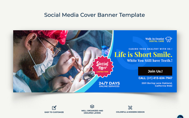 Dental Care Facebook Cover Banner Design Template-12 Social Media