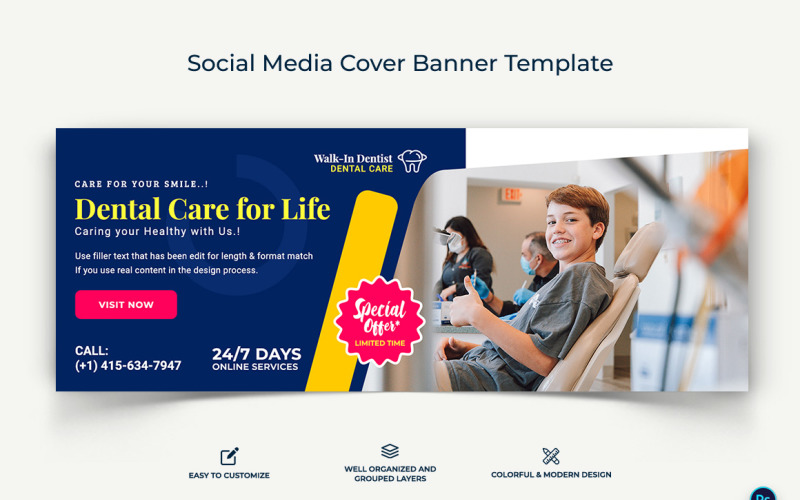 Dental Care Facebook Cover Banner Design Template-15 Social Media