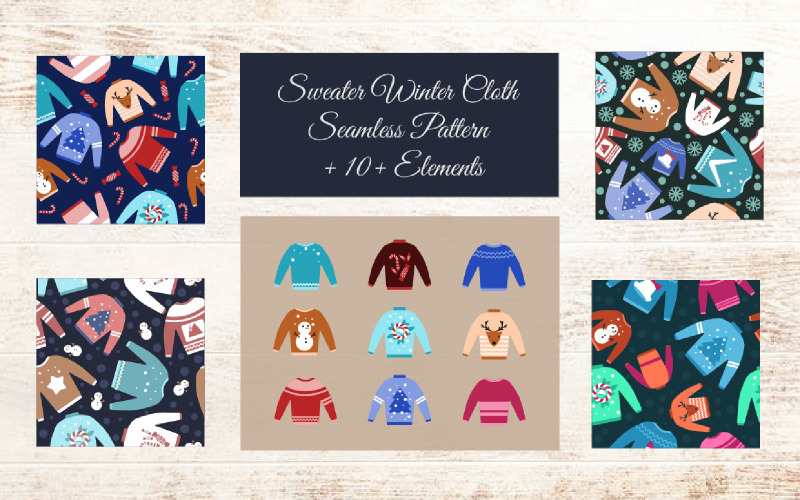 Sweater Winter Cloth Seamless Pattern + 10+ Elements Illustration