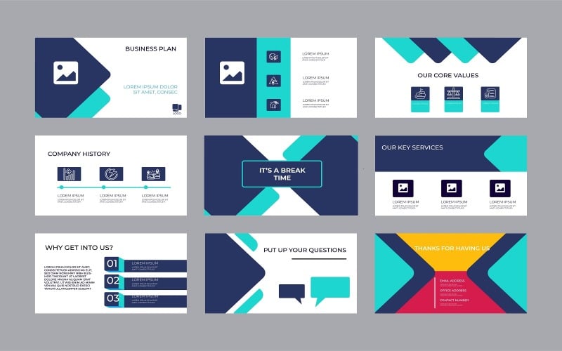 Abstract 9 Pitch Deck Presentation Design Template. Geometric Abstract Shapes Composition Corporate Identity