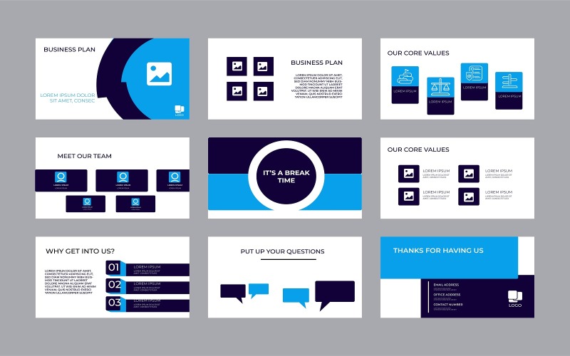Unique 9 Pitch Deck Presentation Design Template. Geometric Abstract Shapes Composition Corporate Identity