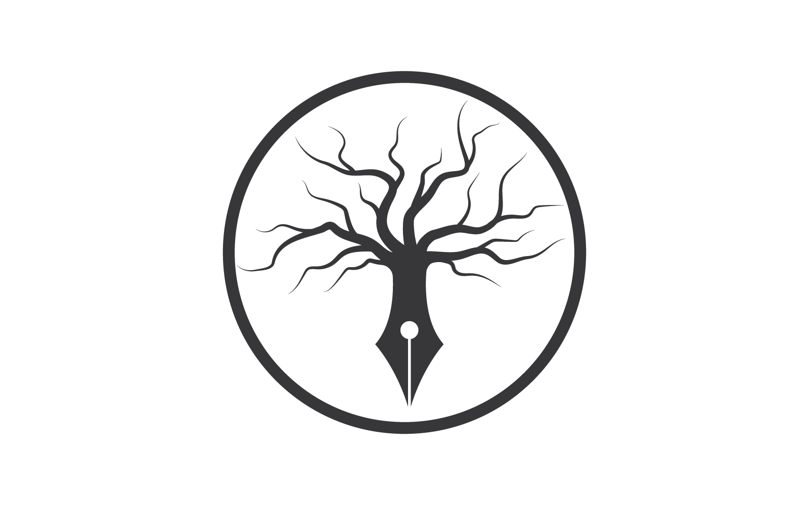 Baum mit Stiftschreiberlogo-Illustrationsvektordesign