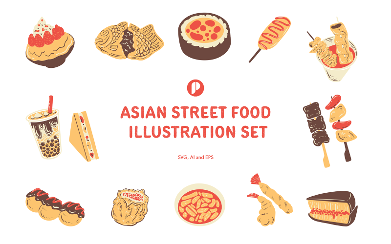 Tasty asian street food illustration set Illustration