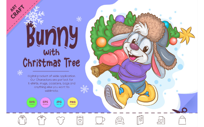 Bunny with Christmas Tree. Clipart Vector Graphic