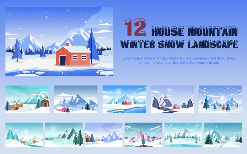 12 House Mountain Winter Snow Landscape Illustration