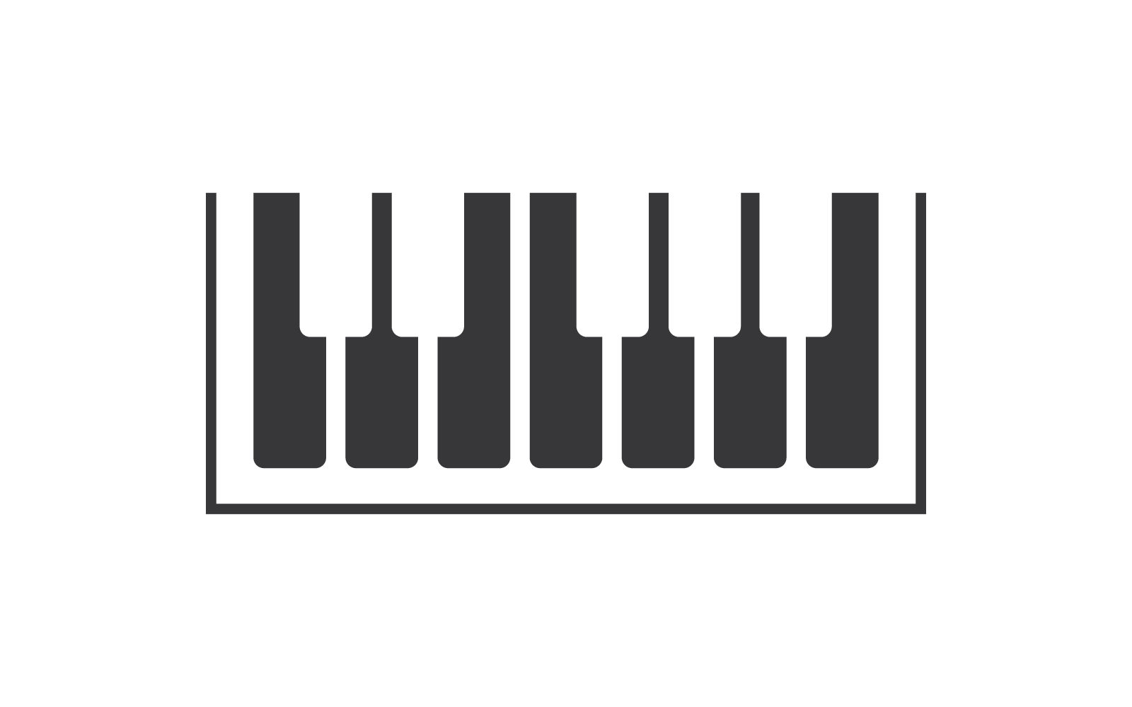 Logo der flachen Designschablone der schwarzen Hintergrundvektorillustration des Klaviers