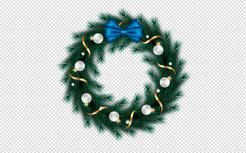 Christmas Wreath Decoration With Pine Branch Christmas Ball And Blue Ribbon Illustration