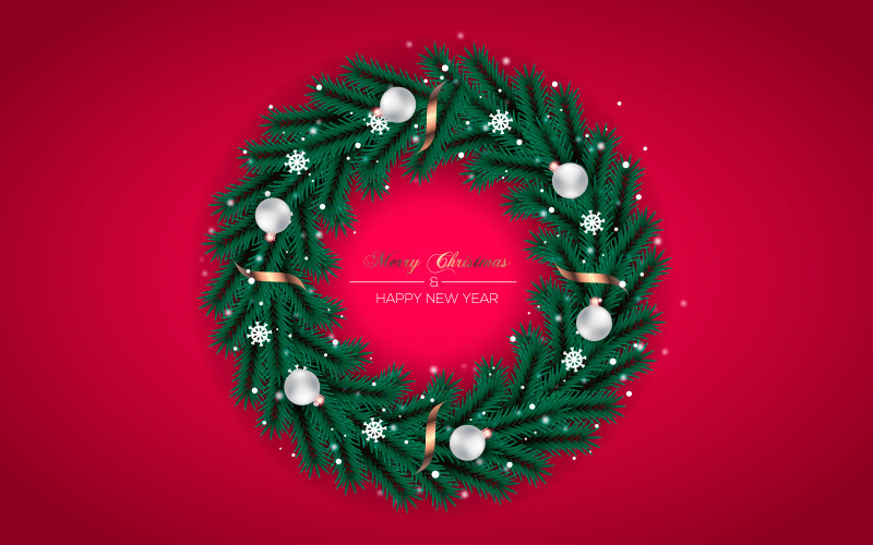 Christmas Wreath Decoration With Pine Branch Christmas Ball And Golden Ribon Illustration