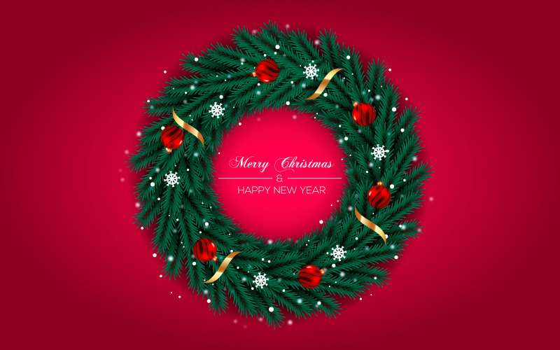 Christmas Wreath Decoration With Pine Branch Christmas Ball And Red Golden Color Ribbon Illustration