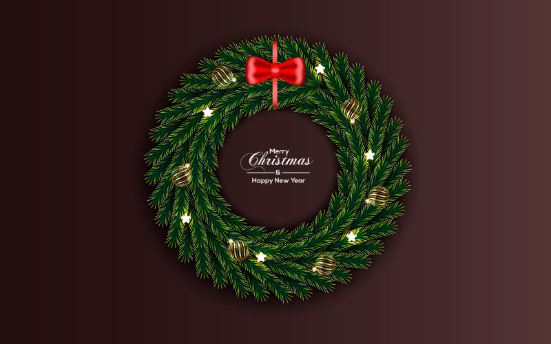 Christmas Wreath Decoration With Pine Branch Christmas Ball And Red Ribbon Illustration