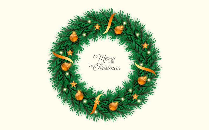 Christmas Wreath With Pine Branch White Christmas Ball Star Style Illustration