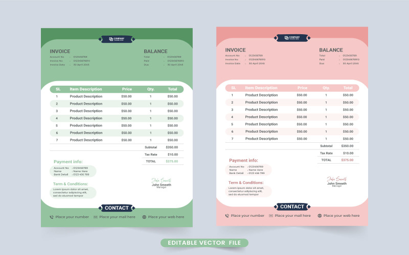 Business Invoice with Girly Color Vector Corporate Identity
