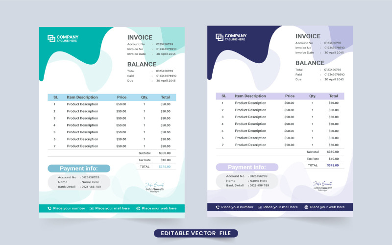 Payment Receipt and Business Invoice Template Vector Corporate Identity