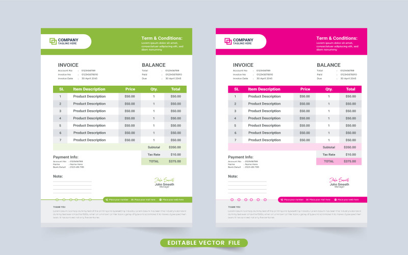 Product Price and Payment Invoice Vector Corporate Identity