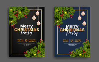 Christmas Party Flyer Or Poster Design Template Decoration With Christmas Ball And Pine Branch