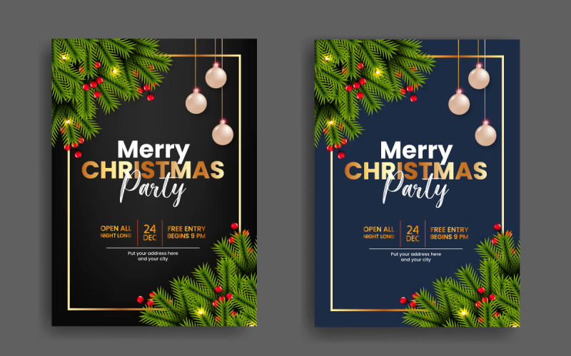 Christmas Party Flyer Or Poster Design Template Decoration With Christmas Ball And Pine Branch Illustration