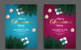 Christmas Party Flyer Or Poster Design Template Decoration With Pine Branch And Bal