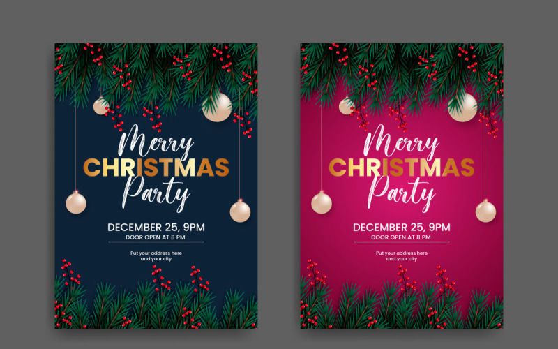Christmas Party Flyer Or Poster Design Template Decoration With Pine Branch And Ball Decoration Illustration