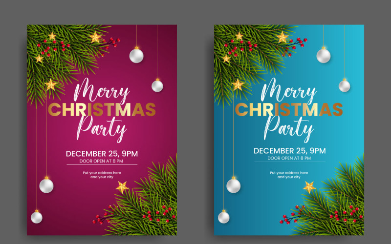 Christmas Party Flyer Or Poster Design Template Decoration With Pine Branch And Christmas Ball Illustration