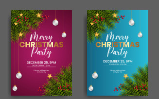 Christmas Party Flyer Or Poster Design Template Decoration With Pine Branch And Christmas Ball