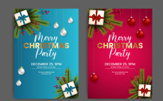 Christmas Party Flyer Or Poster Design Template Decoration With Pine Branch