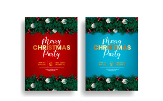 Christmas Party Flyer Or Poster Design Template With Pine Branch And Christmas Bal